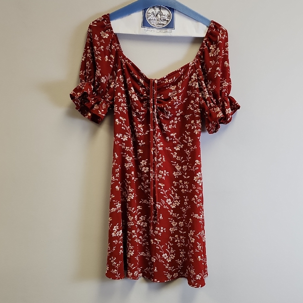 SHEIN Rust/dark red with small white Floral Dress/ Size Small